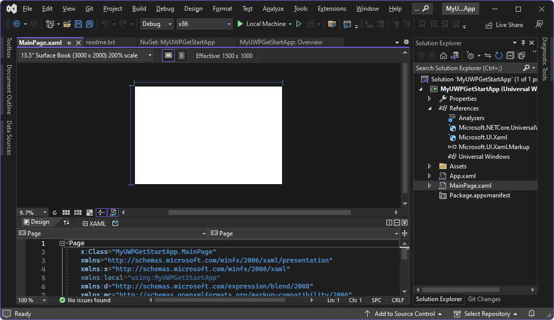 MainPage.xaml 程式碼與 Designer 視窗