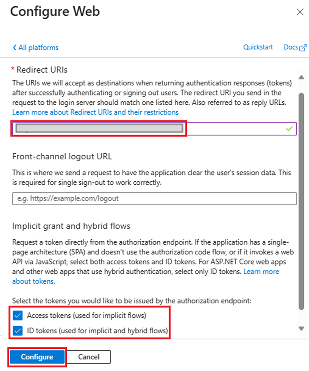 Screenshot shows the option to add redirect URI and select implicit grant and hybrid flows.