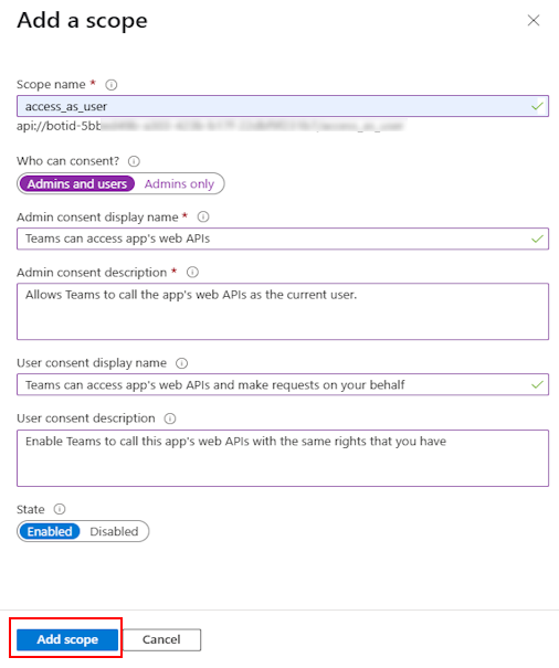 Screenshot shows the values filled in the field to Add a scope.