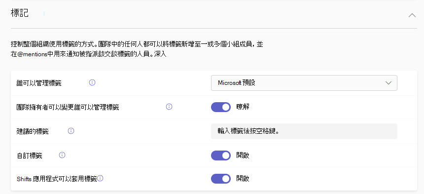 Microsoft Teams 系統管理中心中標記設定的螢幕擷取畫面。