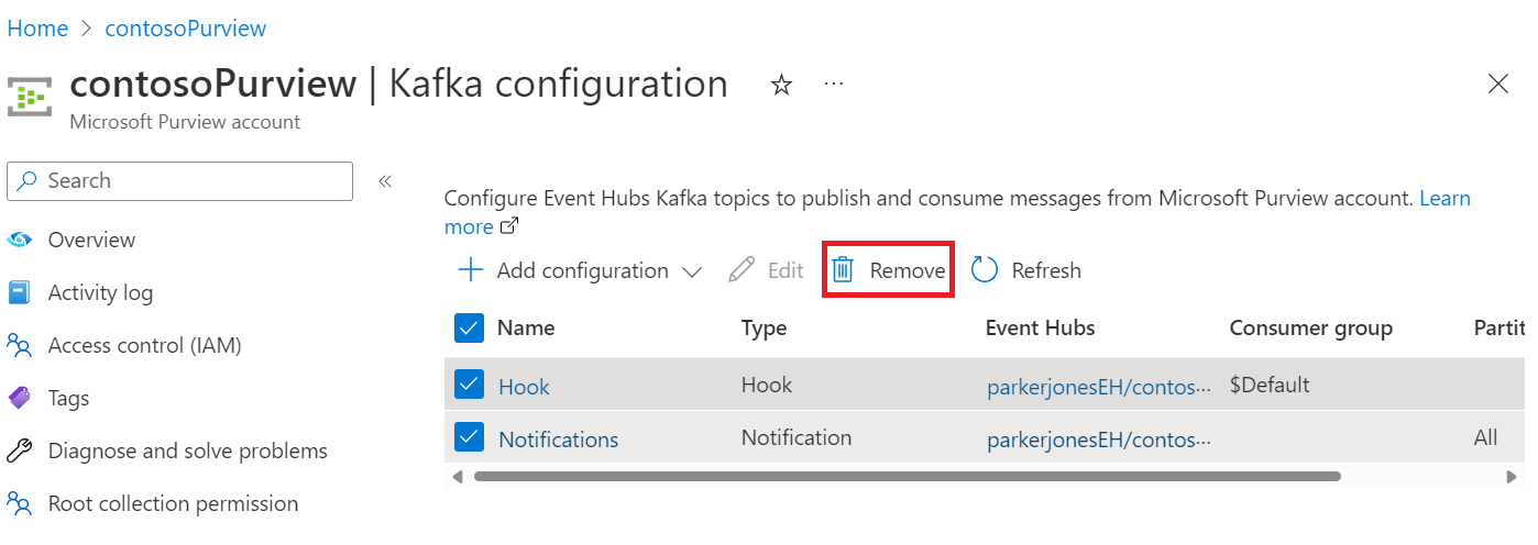 螢幕擷取畫面顯示 Azure 入口網站中 Microsoft Purview 帳戶頁面的 Kafka 設定頁面，並醒目提示移除按鈕。