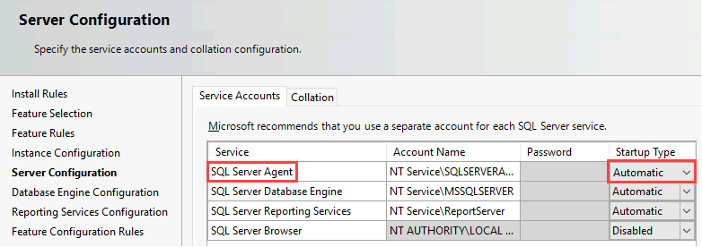 [伺服器組態] 頁面的螢幕擷取畫面。在資料表中，會醒目提示 SQL Server Agent 服務和自動啟動類型。