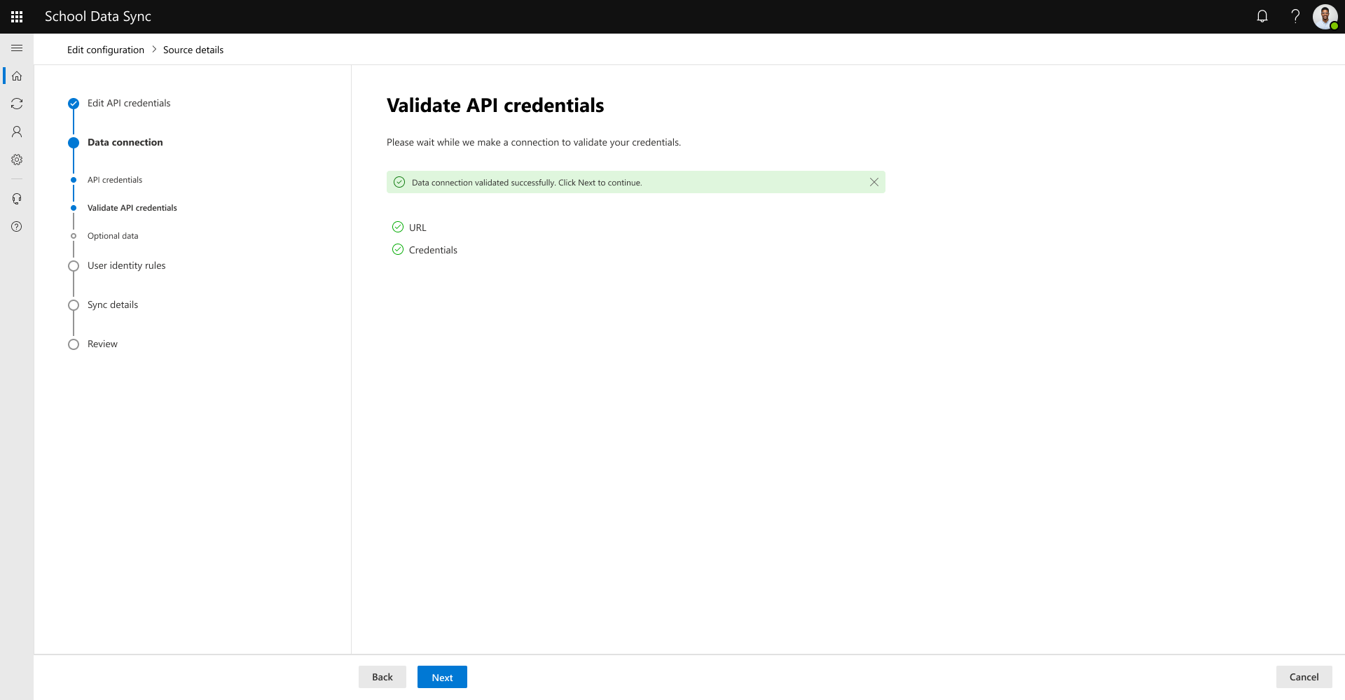 顯示編輯 API 連線認證後驗證的螢幕快照。