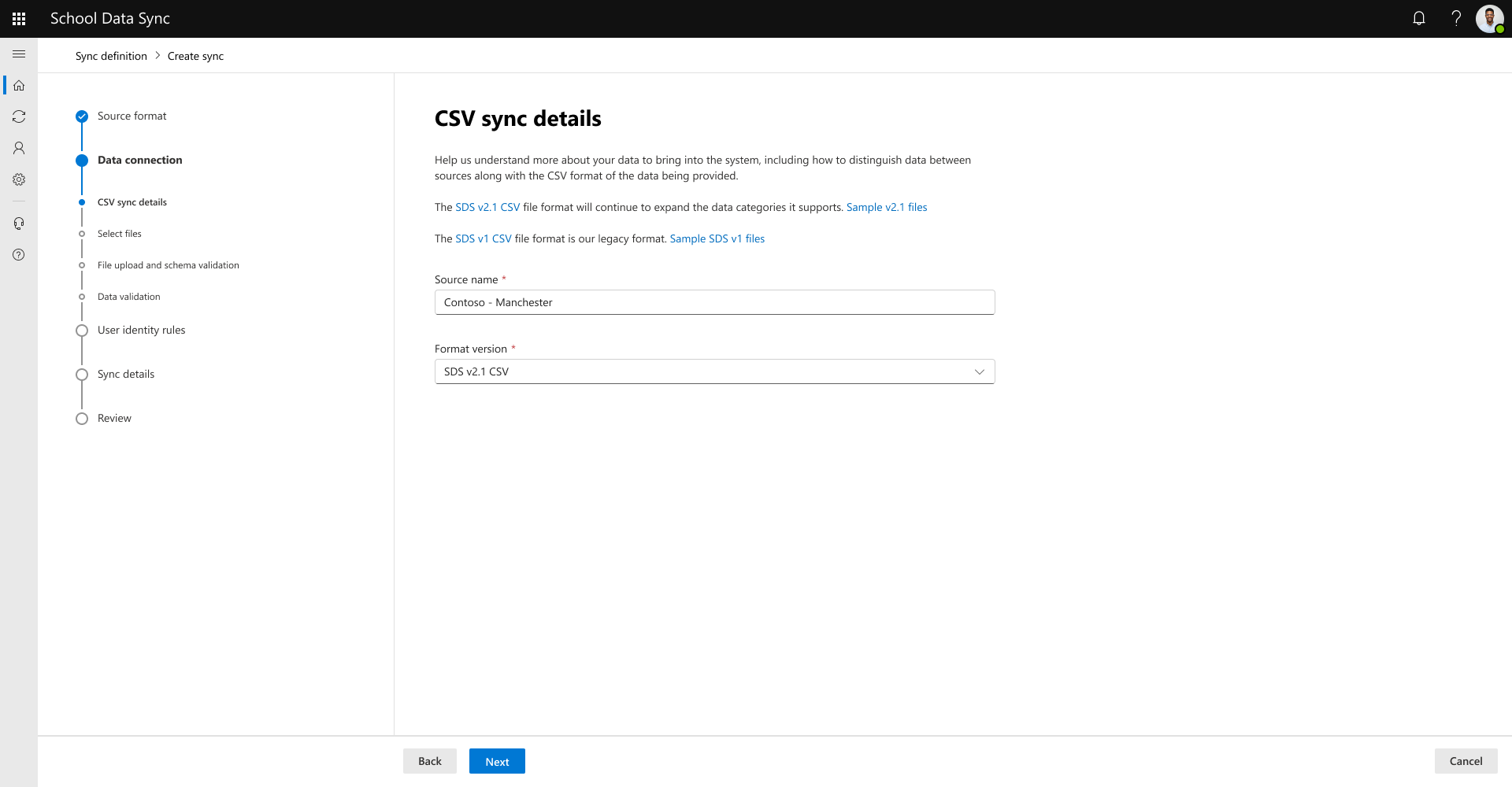 顯示名稱和 v2.1 csv 格式提示的螢幕快照。