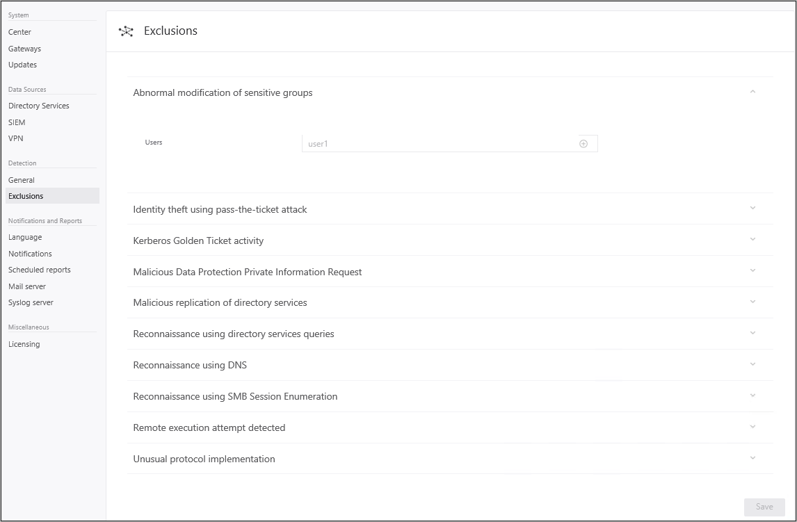 Screenshot showing exclusion of entities from detection.