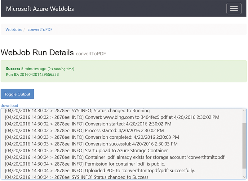 Azure web 工作的輸出記錄檔