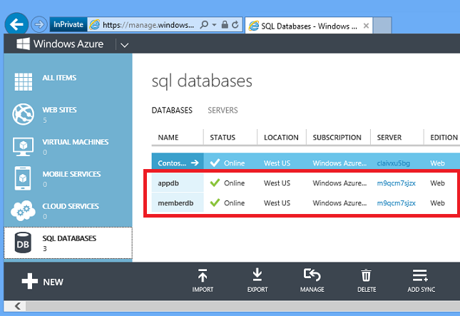 入口網站中的 SQL Database
