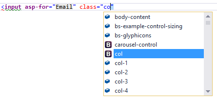使用者輸入 「co」 做為 「input」 元素之 「class」 屬性的值。IntelliSense 提供已選取 「col」 的完成建議清單。