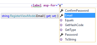 使用者在 「asp-for」 屬性的值中輸入 「e」。IntelliSense 建議選取 [Email] 的可能完成。