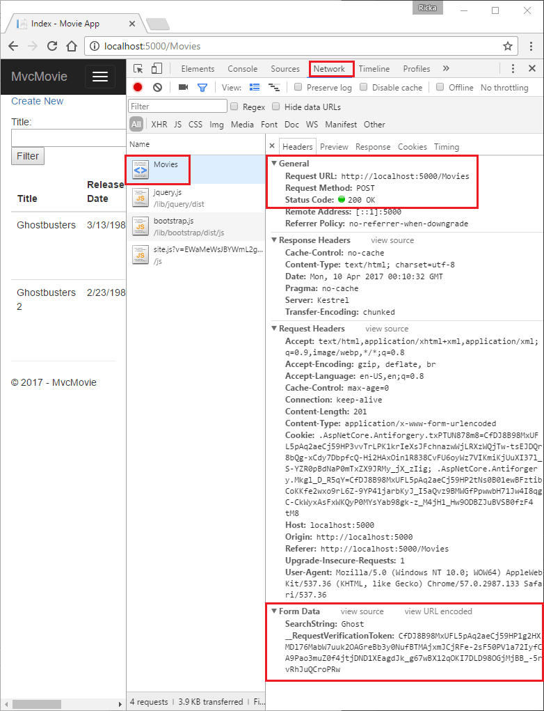 顯示 searchString 值為 ghost 之要求本文的 Microsoft Edge 開發人員工具的 [網路] 索引標籤