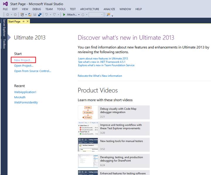 Visual Studio 起始頁的螢幕擷取畫面，其中顯示醒目提示紅色矩形的 [新增專案] 選項。
