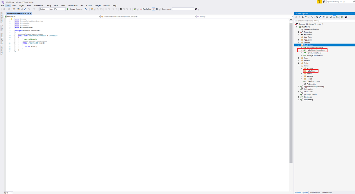 螢幕擷取畫面所示為「HelloWorldController.cs」索引標籤已開啟。在「方案總管」中，「HelloWorldController.cs」子資料夾和「HelloWorld」子資料夾以紅色圈選。