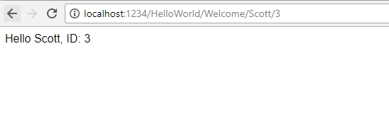 螢幕擷取畫面所示為瀏覽器視窗，URL 是 localhost:1234/HelloWorld/Welcome/Scott/3。視窗中的文字是「Hello Scott ID 3」。