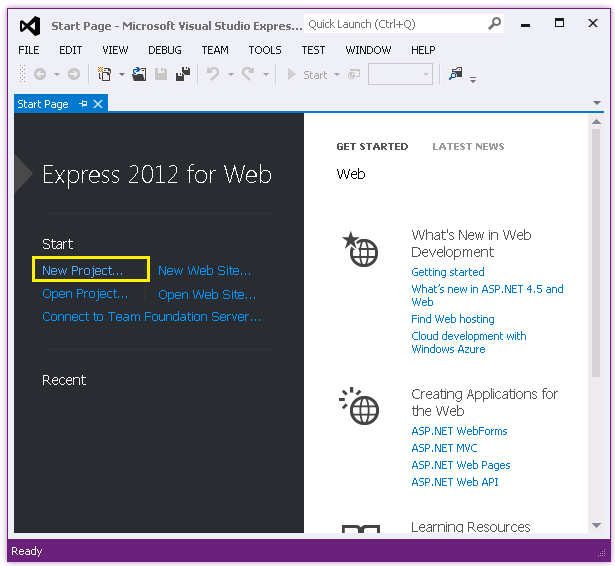 顯示 [開始] 頁面 Visual Studio Express 螢幕快照。[新增專案] 選項會反白顯示。