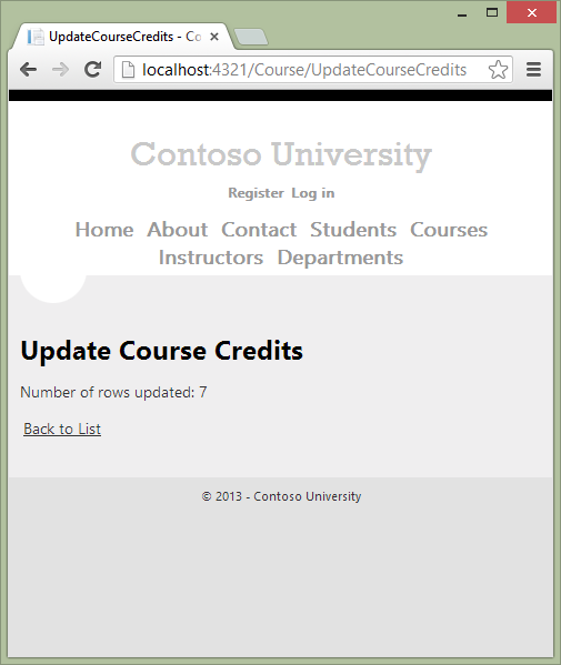 顯示 Contoso University Update Course 點數資料列受影響頁面的螢幕擷取畫面。