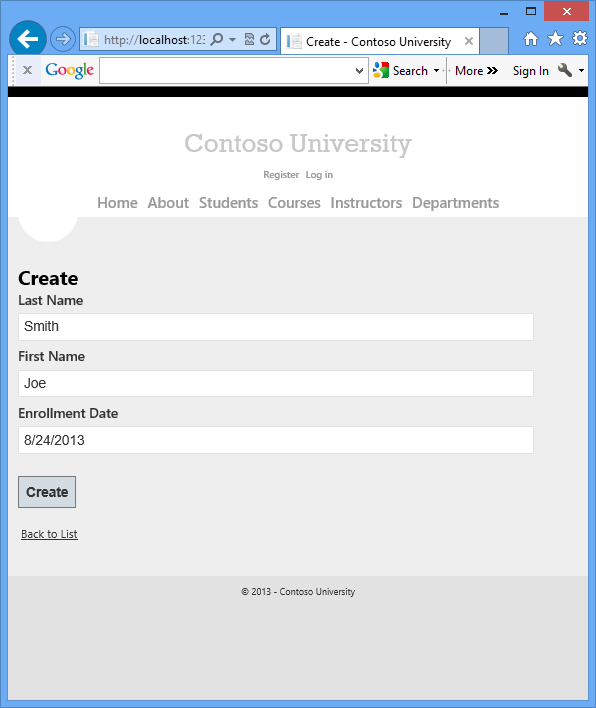 顯示範例 Contoso University Web 應用程式的 Students 搜尋頁面和 [建立新學生] 頁面的螢幕快照。