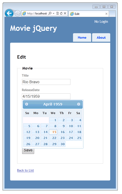 Movie jQuery 視窗的螢幕擷取畫面，其中顯示 [標題] 欄位的 [編輯] 檢視，以及具有 jQuery UI datepicker 快顯行事曆的 [發行日期] 欄位。