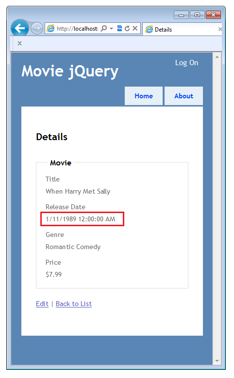 Movie jQuery 視窗的螢幕擷取畫面，其中顯示 [詳細資料] 檢視，其中已醒目提示紅色矩形的 [發行日期] 屬性。