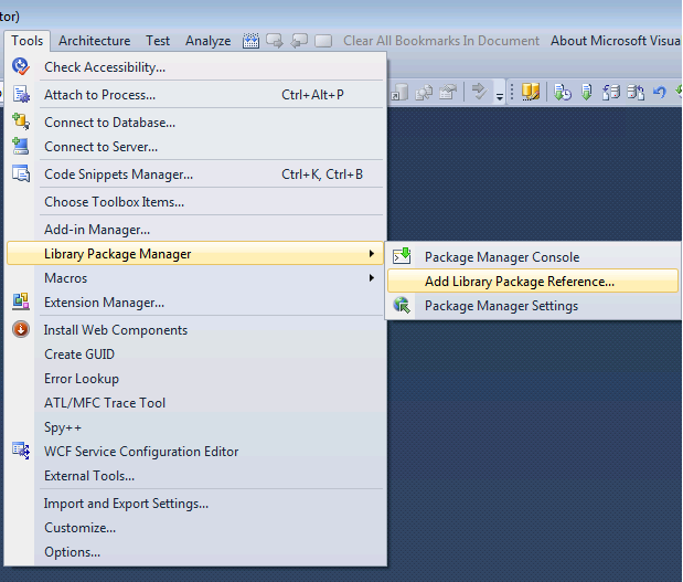 顯示 Visual Studio 版本以存取 Nu Get 套件管理員的影像