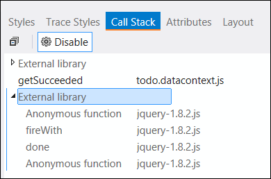 [呼叫堆棧] 索引標籤中 [外部連結庫] 的螢幕快照，以查看完整的堆棧，包括對外部連結庫的呼叫。