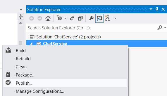 顯示Solution Explorer的螢幕擷取畫面。[聊天服務] 操作功能表中已選取 [發佈]。