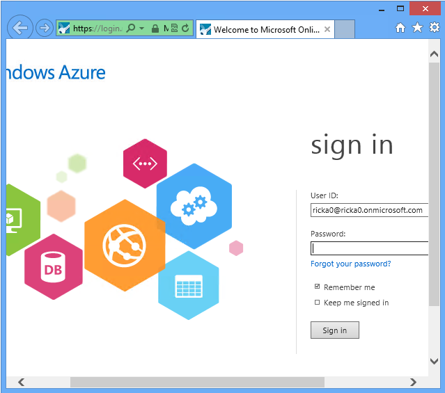 顯示 Windows Azure 登入頁面的螢幕擷取畫面。