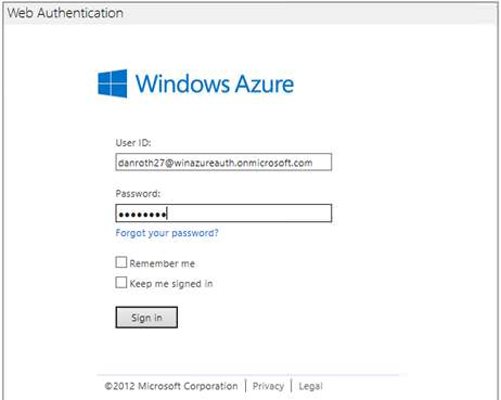 顯示 Windows Azure Web 驗證登入頁面的螢幕擷取畫面。
