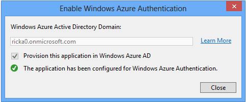 顯示標題為 [啟用 Windows Azure 驗證] 對話方塊的螢幕擷取畫面。