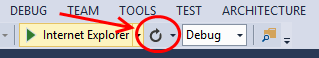 Visual Studio 的螢幕擷取畫面，其中以紅色框出 [重新整理] 按鈕。[重新整理] 按鈕是圓形箭號。