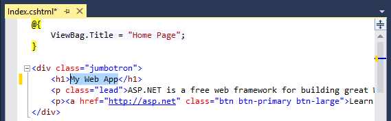 Visual Studio 的螢幕擷取畫面，其中已顯示 S P 點 Net 專案，並醒目提示 H 1 標題。