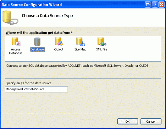 建立名為 ManageProductsDataSource 的新 SqlDataSource