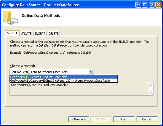 ProductsCL 類別的 方法列於 Drop-Down 清單