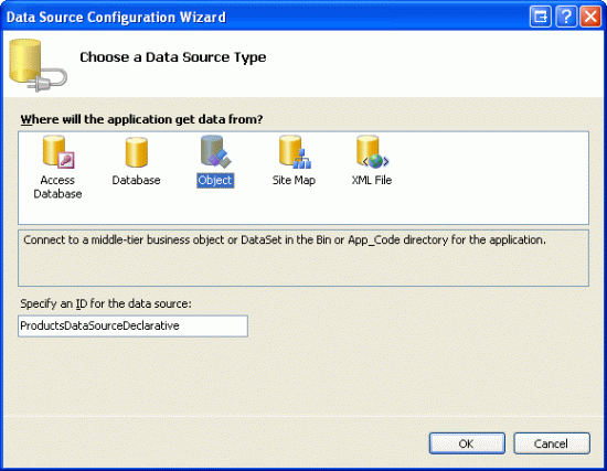 建立名為 ProductsDataSource 的新 ObjectDataSourceDeclarative