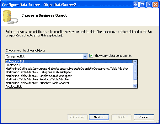 將 ObjectDataSource 設定為使用 CategoriesBLL 類別