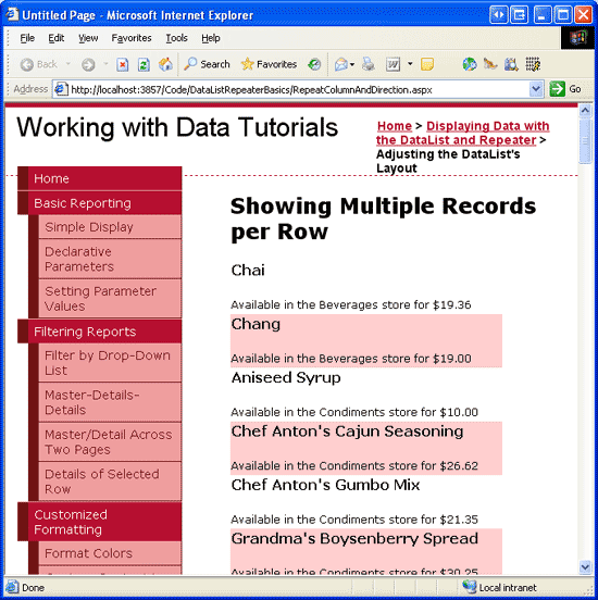 根據預設，DataList 會轉譯為單一數據行、多數據列數據表