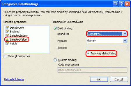 使用 Two-Way Databinding 將 CategoryID 系結至 DropDownList 的 SelectedValue 屬性