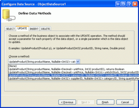 將 ObjectDataSource 設定為使用剛建立的 UpdateProduct 多載