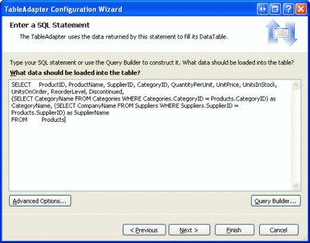 在原始 DAL 中使用來自 Products TableAdapter 的相同 SQL 查詢