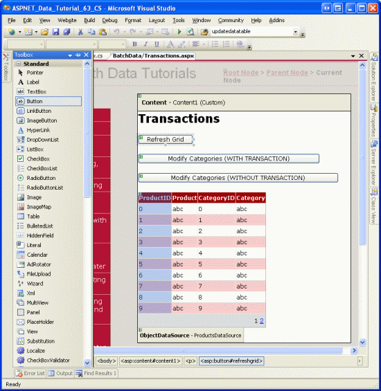 頁面包含 GridView 和三個按鈕 Web 控件