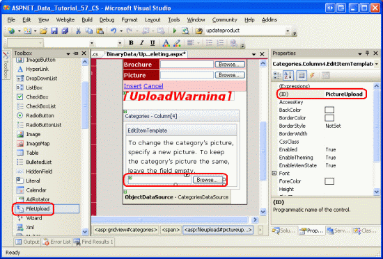 將 FileUpload 控件新增至 EditItemTemplate