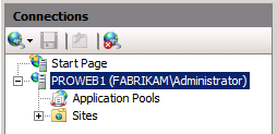 在 IIS 管理員的 [連線] 窗格中，展開伺服器節點 (例如，PROWEB1) 