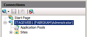 在 [IIS 管理員] 的 [連線] 窗格中，展開伺服器節點 (例如，STAGEWEB1) 。