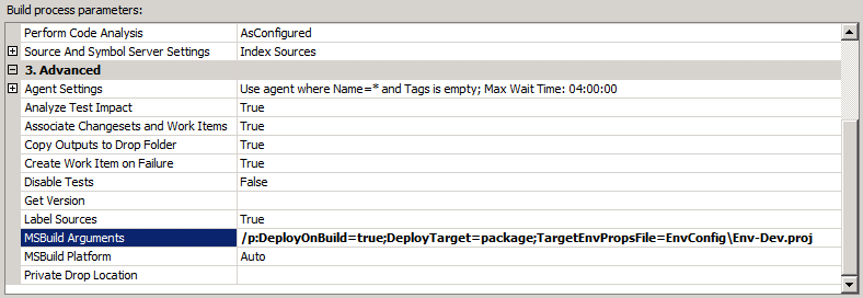 在 [MSBuild 引數] 資料列中，新增任何要建置之專案的 MSBuild 命令列引數。