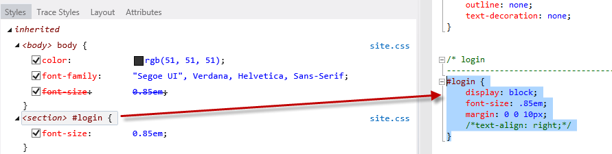 [樣式] 索引標籤的螢幕擷取畫面，在導覽列中已選取登入的 CSS 樣式，並醒目提示對應的程式碼。