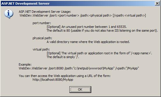Visual Studio 對話方塊的螢幕擷取畫面，其中顯示從命令列啟動 A S P dot net Development 伺服器的參數。
