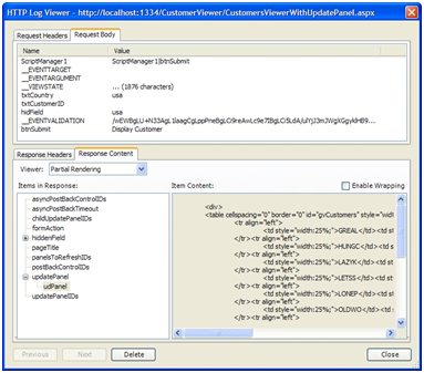 使用 HTTP 記錄檢視器檢視的 UpdatePanel 回應訊息。