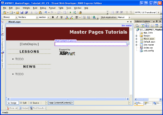 內容頁面的設計檢視會顯示 Page-Specific 和主版頁面內容