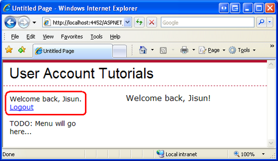 Default.aspx 顯示 Welcome Back、Jisun 以及 Logout LinkButton