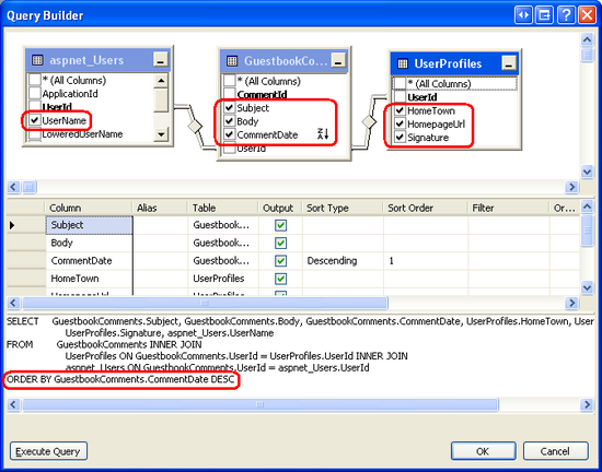 建構的查詢 JOINs GuestbookComments、UserProfiles 和aspnet_Users資料表