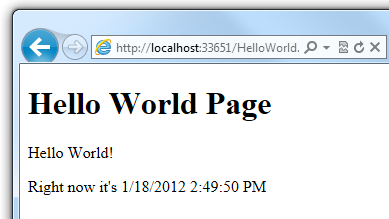 在瀏覽器中執行的「Hello World」頁面，其中顯示動態產生的時間